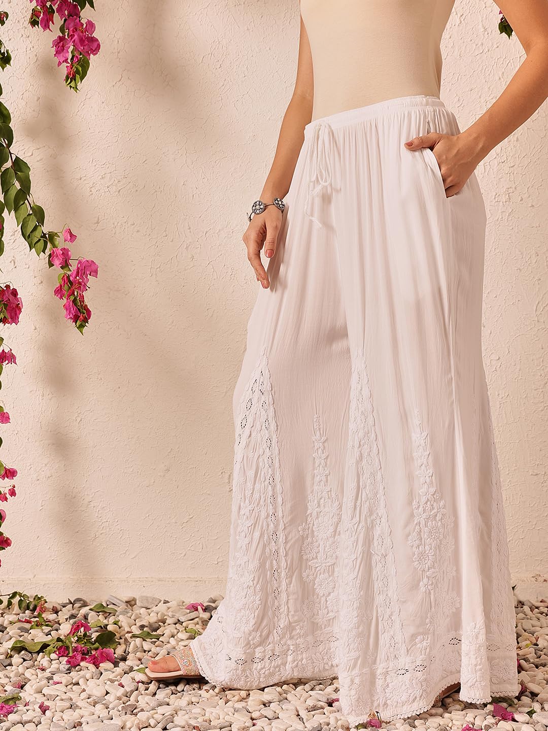 Ada Lucknowi Chikankari Hand Embroidered Modal Flared Palazzo for Women A711199 White