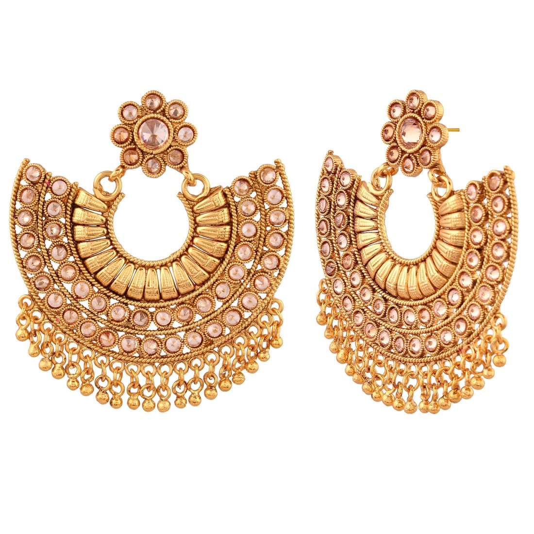ACCESSHER Antique Gold-Plated Chandbali Dangle Earrings with Intricate Kundan Detailing & Pearl Beads, Traditional Statement Jewelry for Women & Girls.
