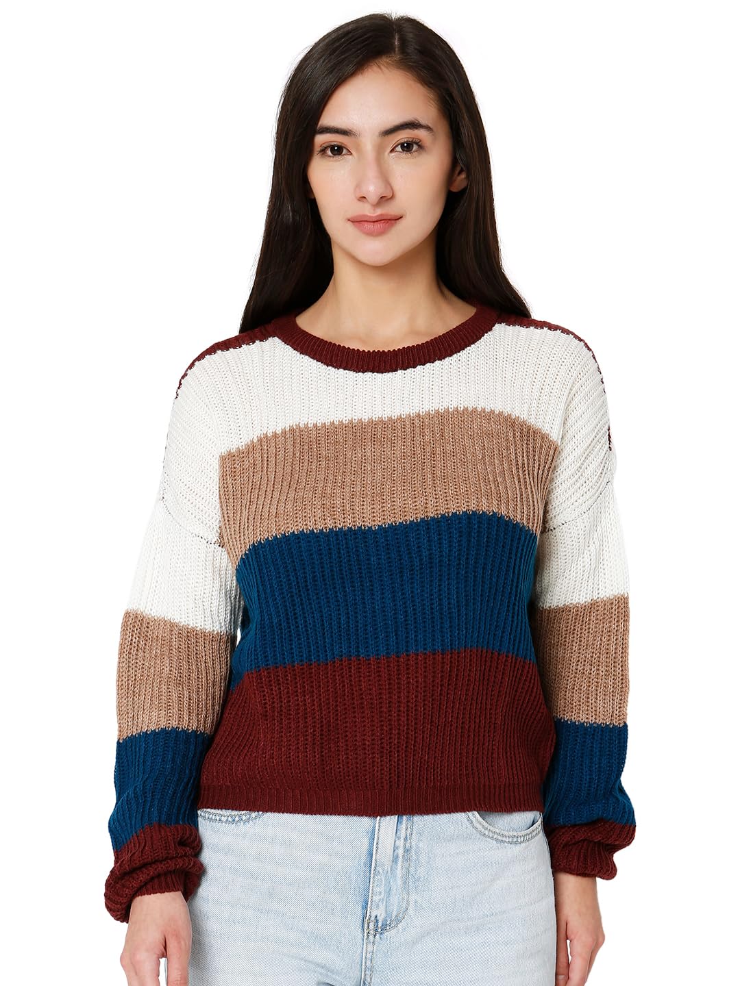 VERO MODA Women's Acrylic Round Neck Pullover Sweater (10286827-Surf The Web_Surf