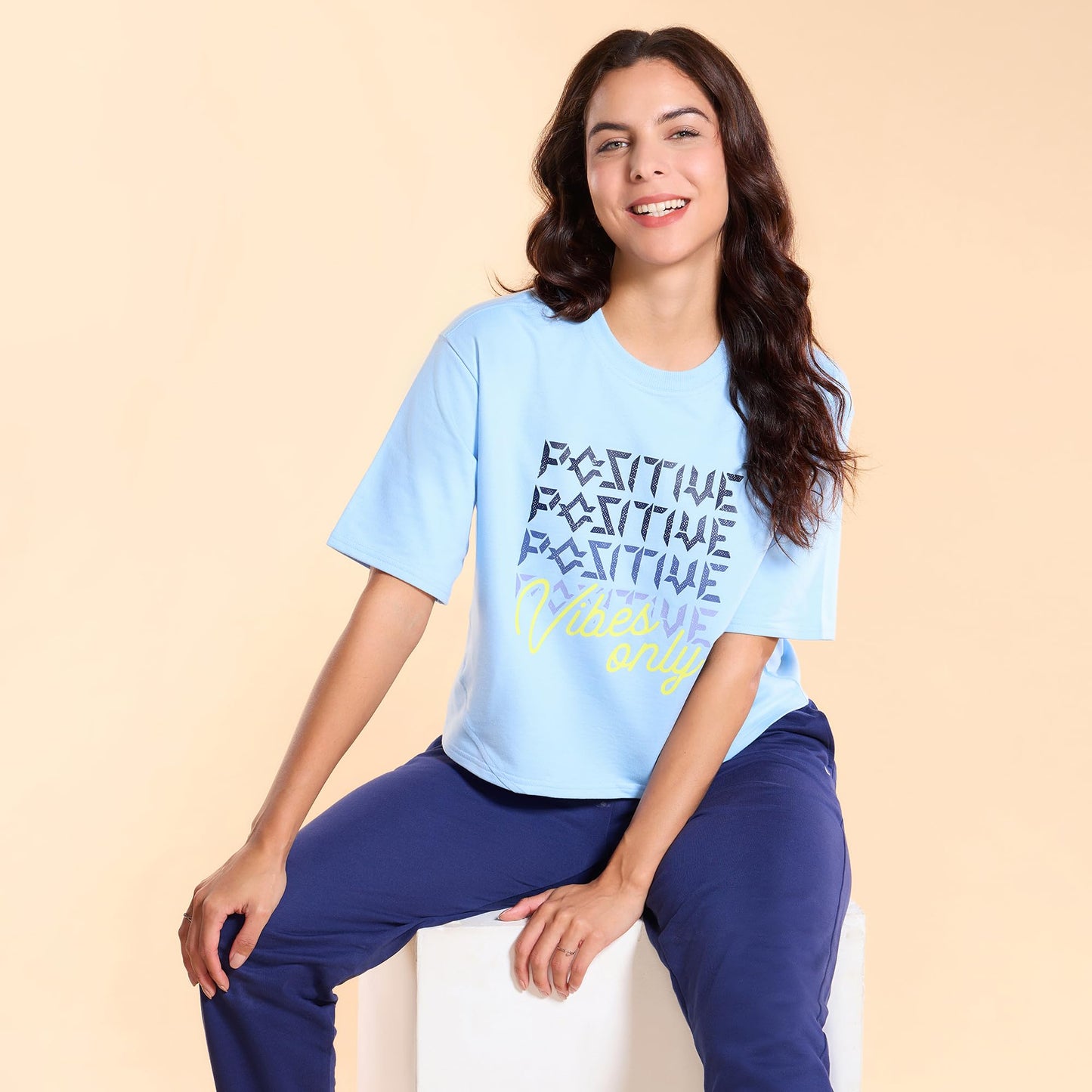 Enamor Women's Letter Print Oversized Fit T-Shirt (E3G4_Blue Bell Positive Vibes Graphic