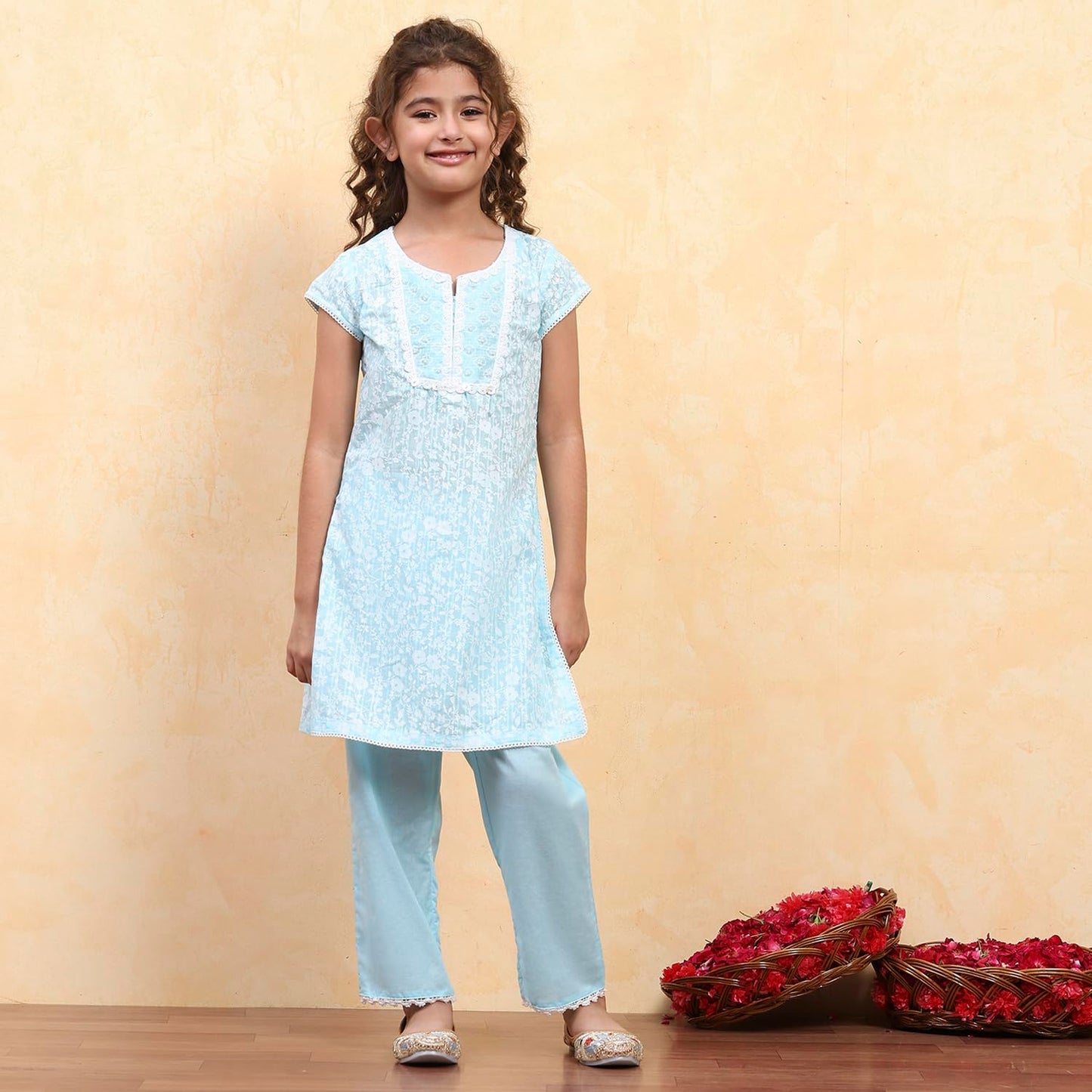 Biba Girl's Powder Blue Cotton Straight Printed Kurta Pants Set