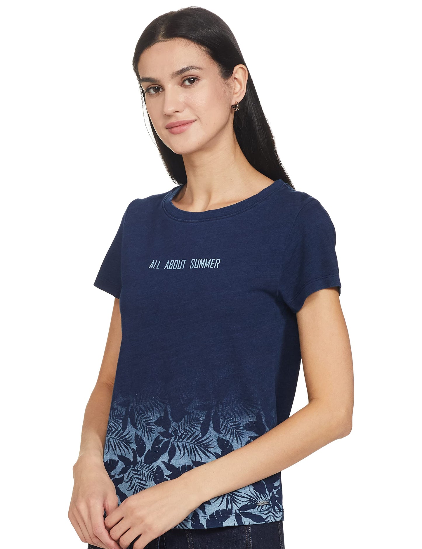 Pepe Jeans Women's Cotton Geometric Regular T-Shirt (PL504568_Indigo Small)