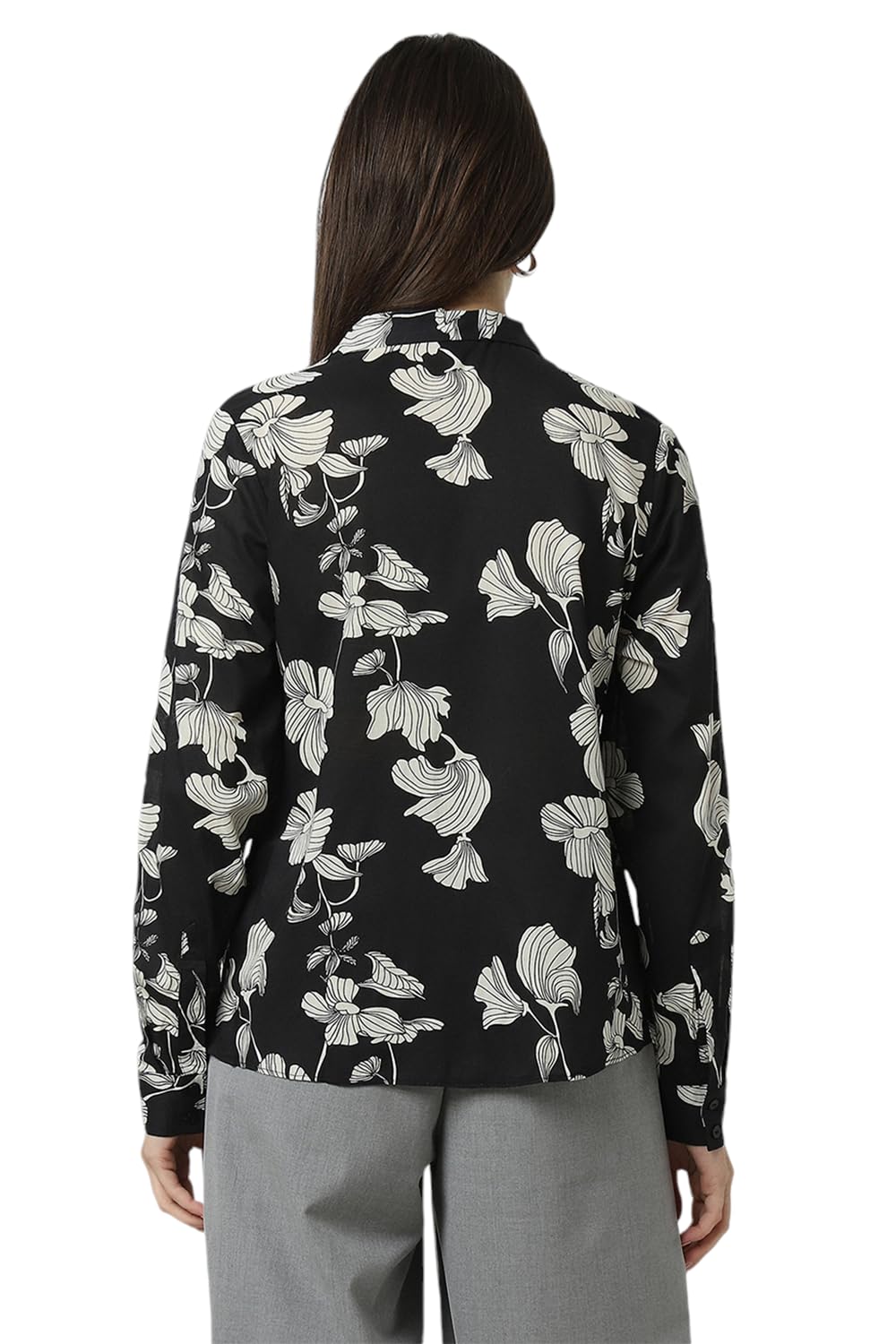 Women Black Print Long Sleeves Formal Shirt