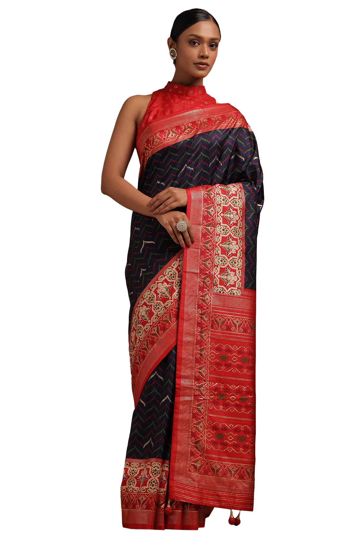 Soch Womens Navy Blue Dola Silk Chevron Saree