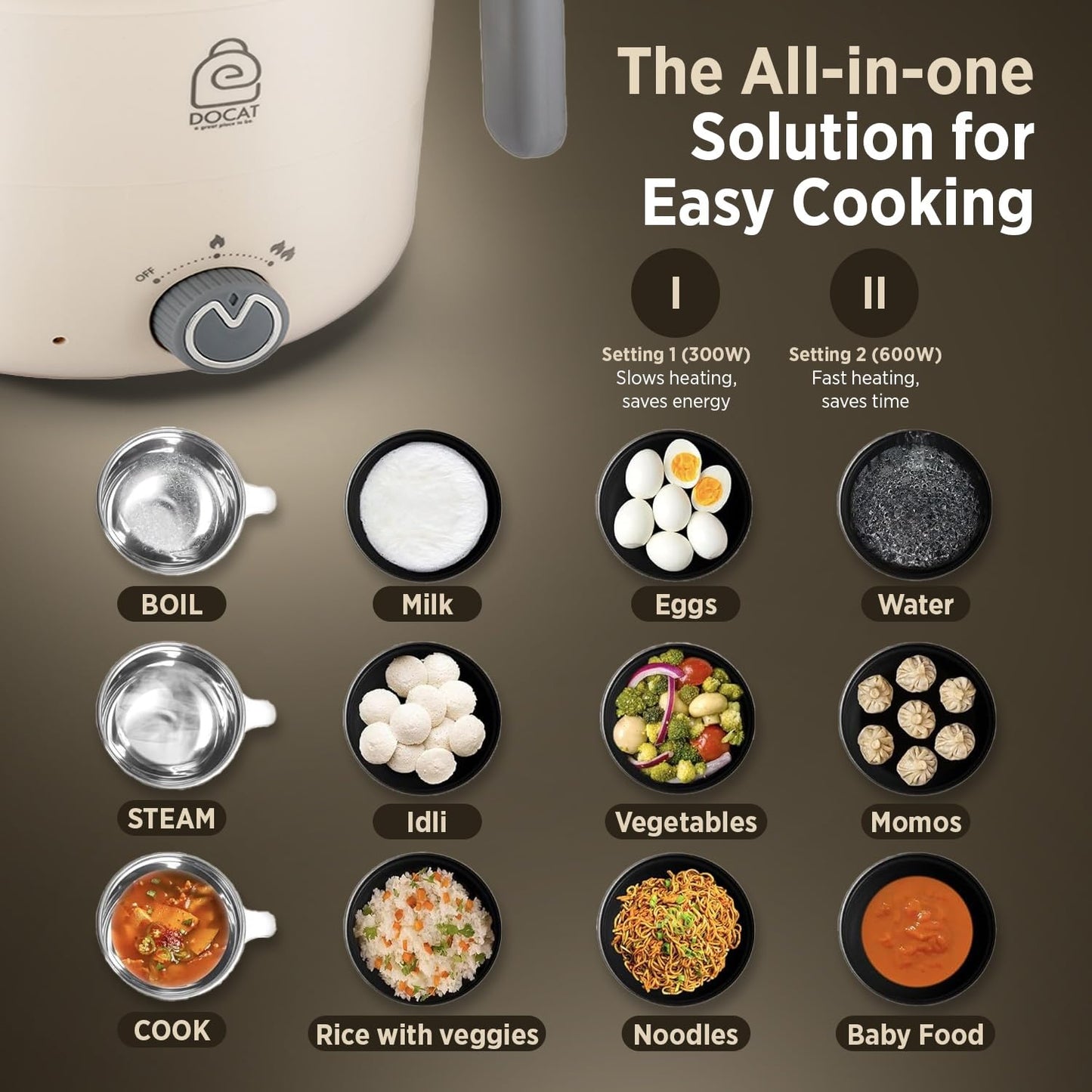 DOCAT Multi Cook Electric Kettle with Steamer 1.2 Liters Stainless Steel Non-stick Inner Pot, Adjustable Power Mode, Wide Mouth, Ideal for Boiling Milk, Tea, Coffee, Eggs & Steaming Veggies, 600 Watts