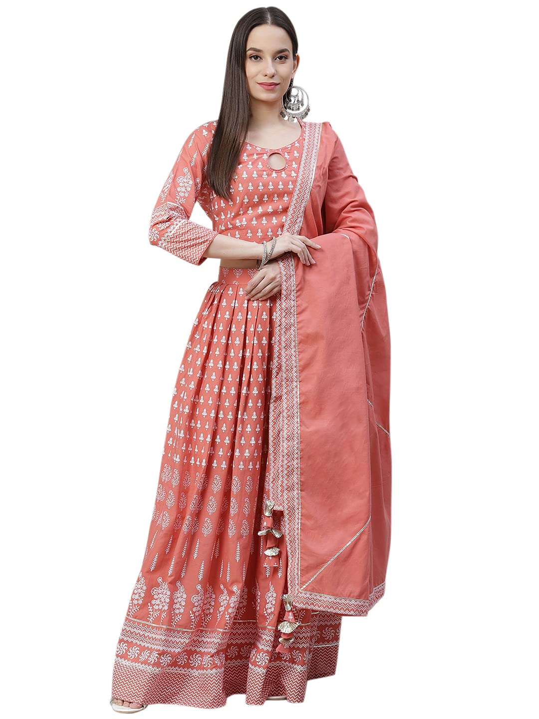 Divena Pink Printed Crop Top, lehenga with Dupatta set