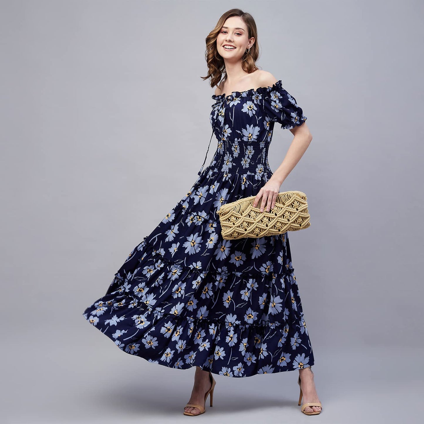 Carlton London Women's Crepe Fit and Flare Maxi Dress (CL657_Navy Blue_L)