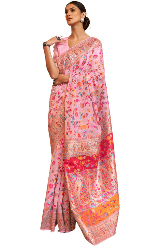 SGF11 Women's Kanjivaram Pure Soft Silk Handloom Saree Pure Golden Zari With Blouse Piece (Pink1)