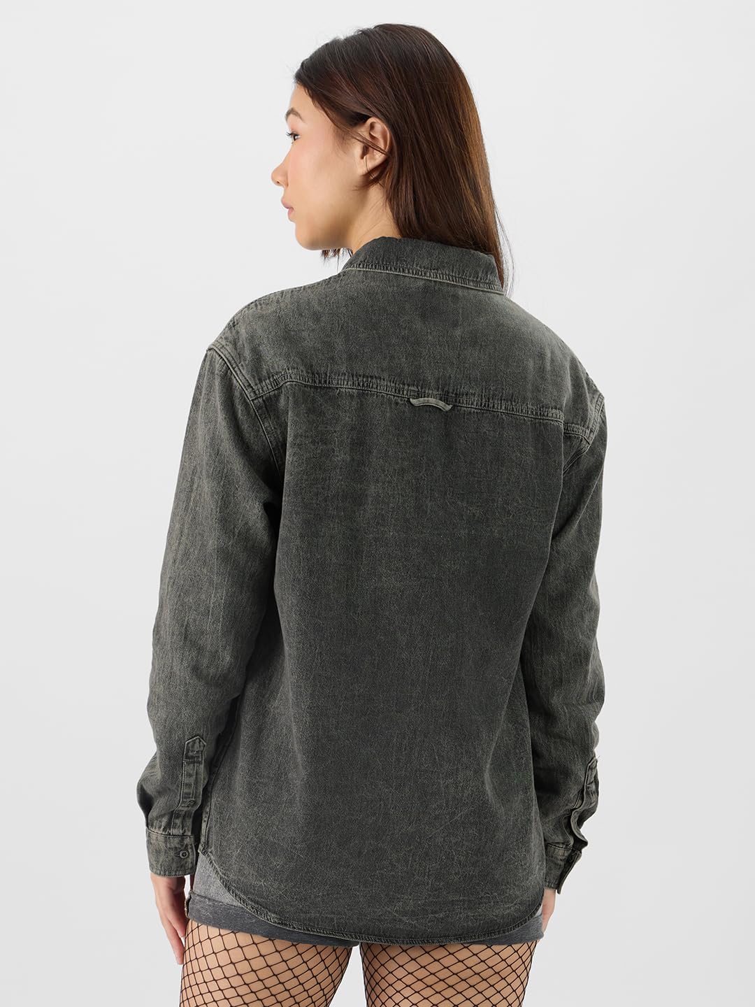 The Souled Store Classic Denim Shirt: Olive Green Women and Girls Collared Neck Long Sleeves Button Front Cotton Blend Boyfriend Shirts