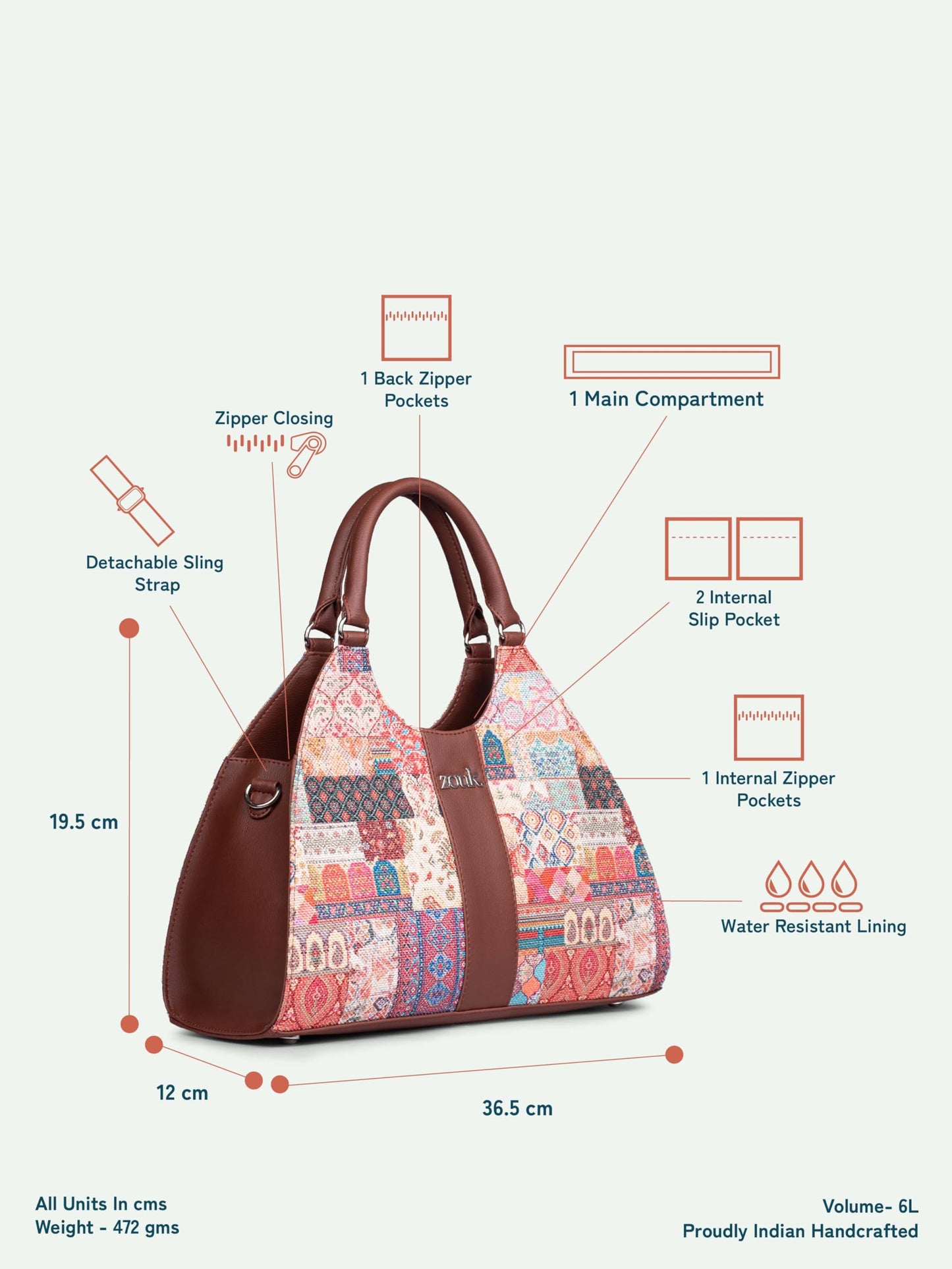 ZOUK Konkona Statement Satchel Bag - Kutch Gamthi | Jute | Vegan Leather Handcrafted With Detachable Sling Strap | Multicolor