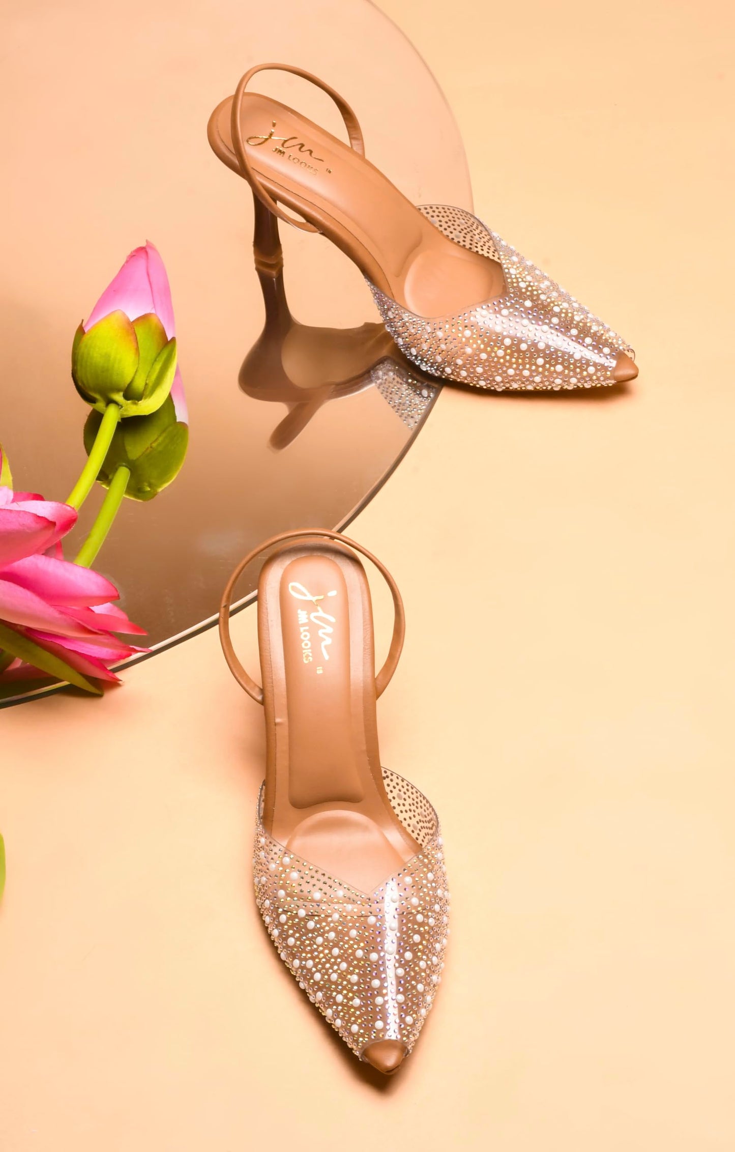 JM LOOKS Embellished & Sylish Kitten Heeled Sandal For Women & Girls | Women Fashion Sandals | (Tan, 38)