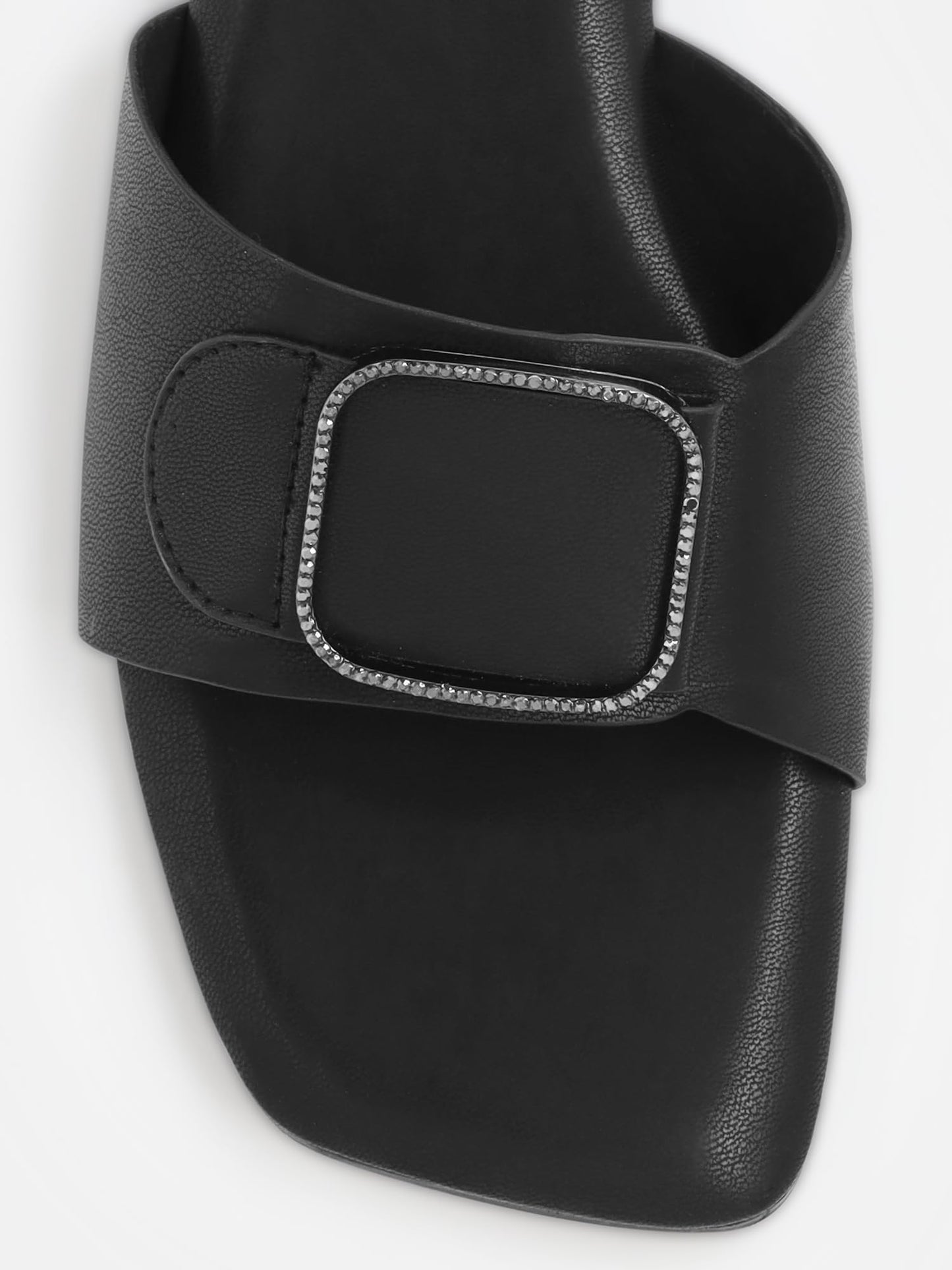 KENNETH COLE Women's Flat Slide Sandal | Synthetic | Square Toe, Rhinestone Buckle