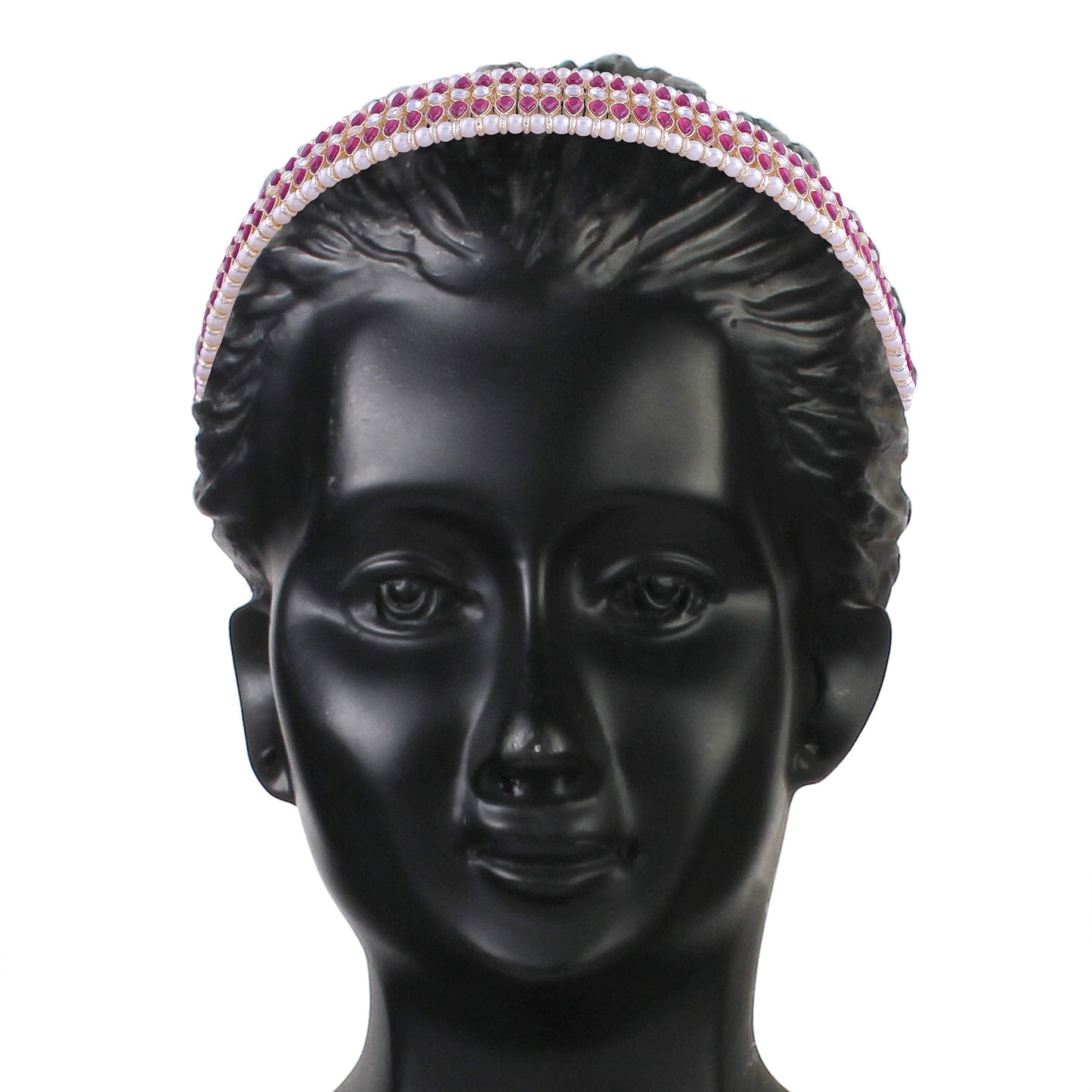 I Jewels Gold Plated Metal Traditional Floral Kundan Pearl Studded Rajasthani Sheeshphool/Mathapatti for Women (Pink)