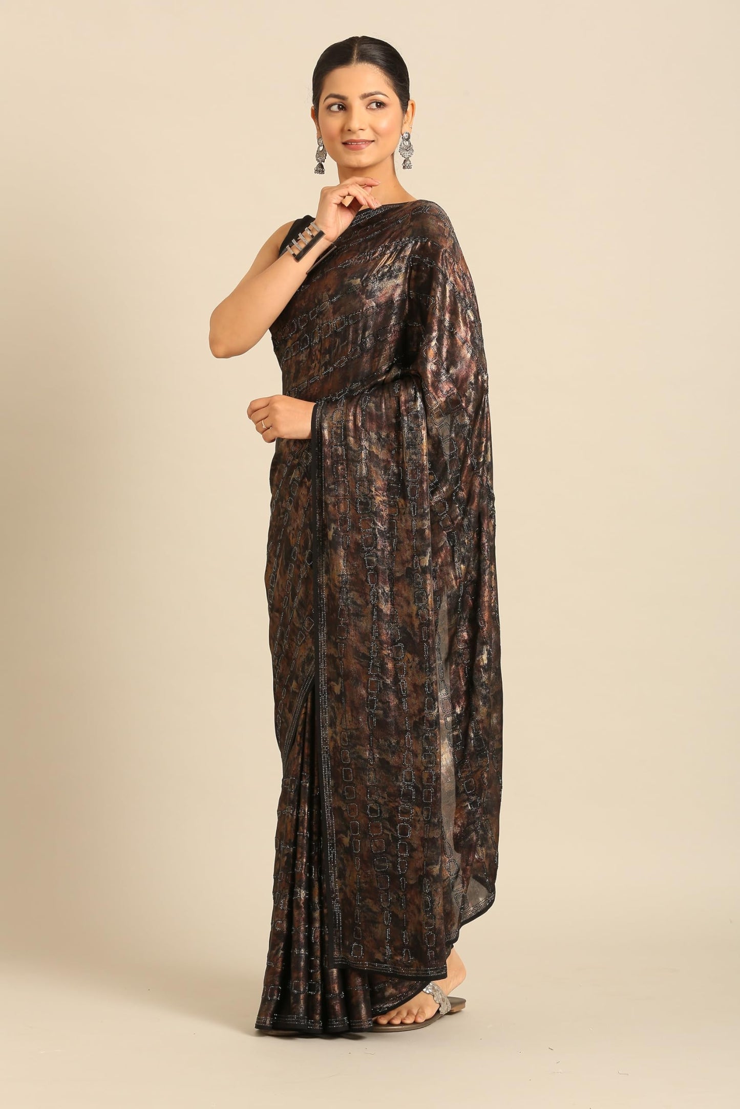 MOHEY Women's Black Georgette Printed|Stone Work Saree