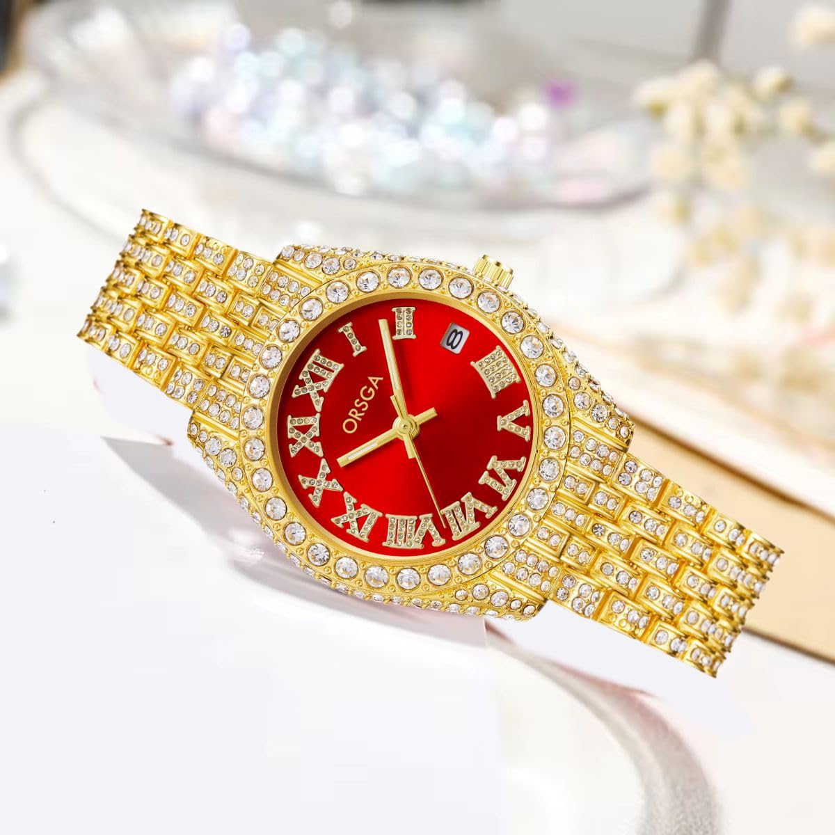 ORSGA Ornate Watch for Women Opal Red Dial Full Diamond Studded Band Gold Watch Gift for Women, Birthday Gift, Aniversary