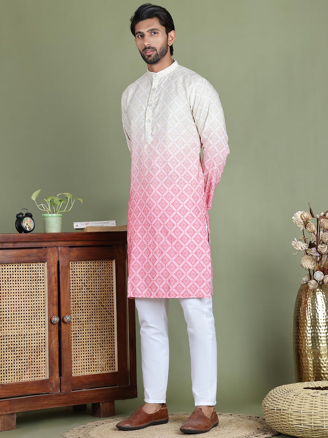Jompers Ombre Printed Kurta Pyjama Set For Men - Peach, M