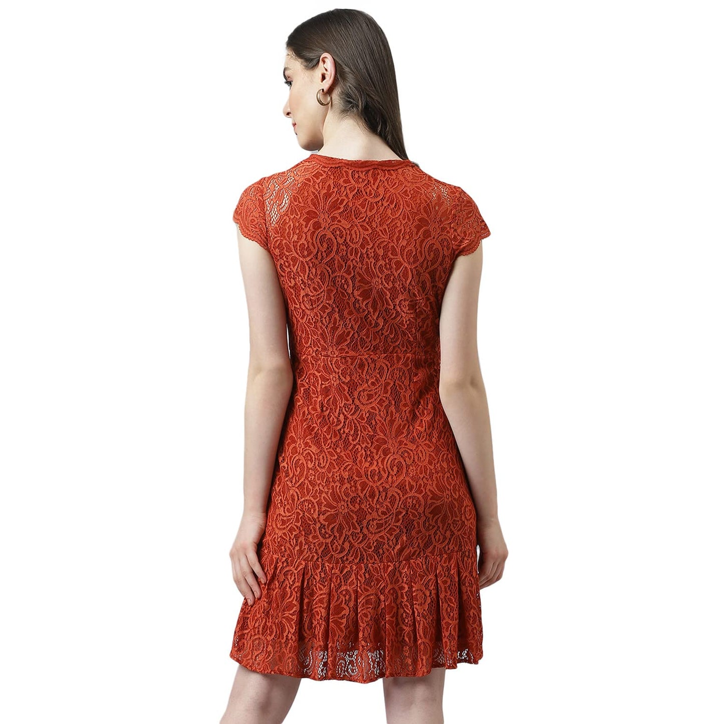 Latin Quarters Women's Rust Self Design Lace Cap Sleeve Dress with Ruffles_L