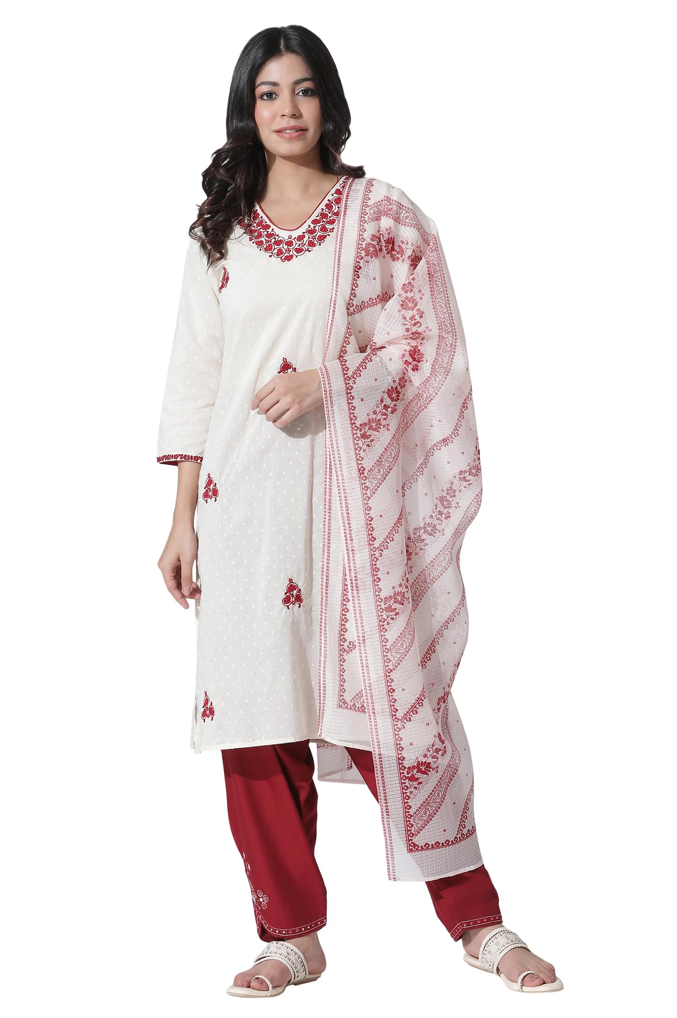 W for Woman White Embroidered Cotton Kurta, Salwar with Dupatta Set_24ONWS10609-221335_M