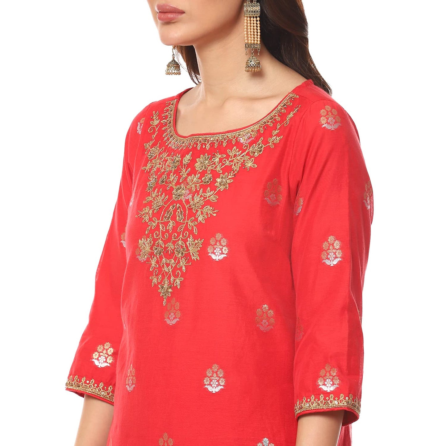 BIBA Cotton Women Embroidery Relaxed Salwar Kurta Dupatta (SKDBANARAS8143_RED_38), XL