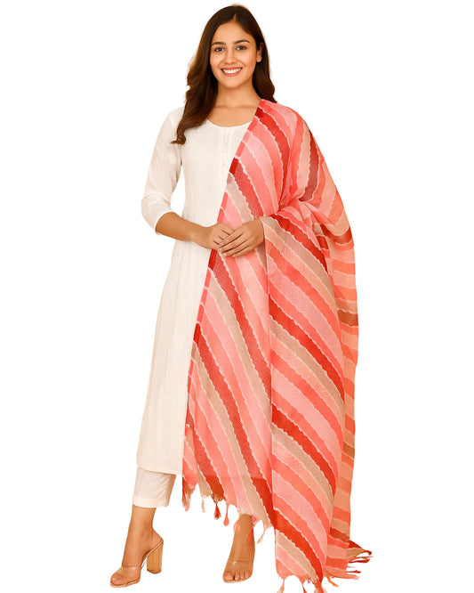 POISED Rajasthani Tie and Dye Kota Doria Blend Dupatta for Women's| Elegant Lehariya Pattern with Tassels| 2.5 Meter| Perfect for Festivals and any Occassions (Red)