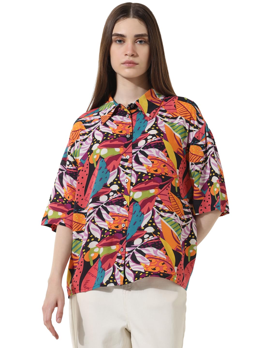 ONLY Women Printed Rayon Oversized Multicolor Shirt