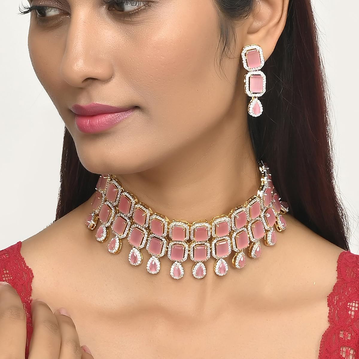 VOYLLA VoyllaSparkling Elegance Opulent Emerald Cut Zircons Gold Plated Jewellery Set