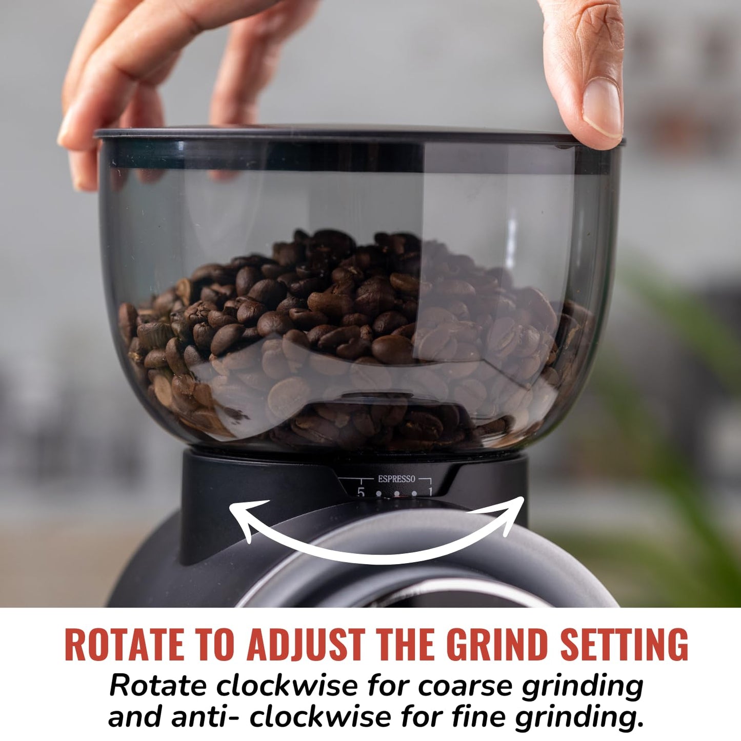 InstaCuppa Electric Coffee Grinder with LED Touch Timer & Cups Selector, Conical Stainless Steel Burr Mill with 25 Adjustable Grind Settings for Home Espresso, Moka Pot, French Press, Pour Over