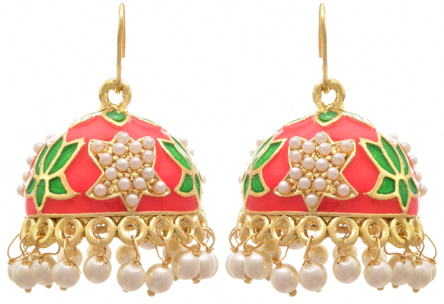 JFL - Jewellery for Less One Gram Gold Plated Pearl Hot Pink & Green Meenakari Designer Jhumki Earring for women,Valentine