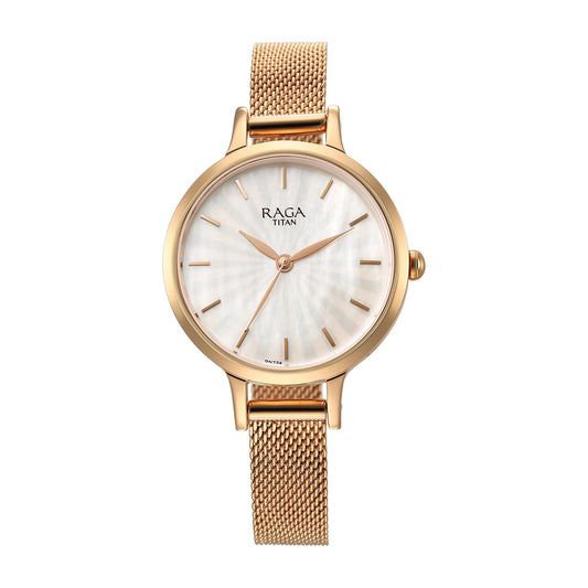Titan Raga Power Pearls Quartz Analog Mother of Pearl Dial Rose Gold Metal Strap Watch for Women - NT2666WM01