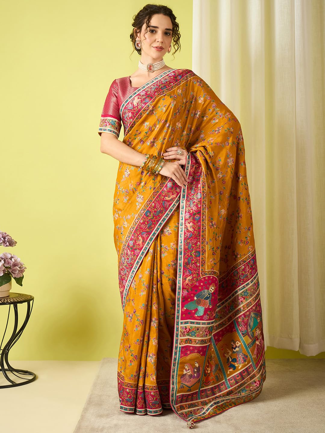 AKHILAM Women's Mustard Viscose Silk Ethnic Motif Printed Saree With Unstitched Blouse Piece (MSTANI158A_HS)
