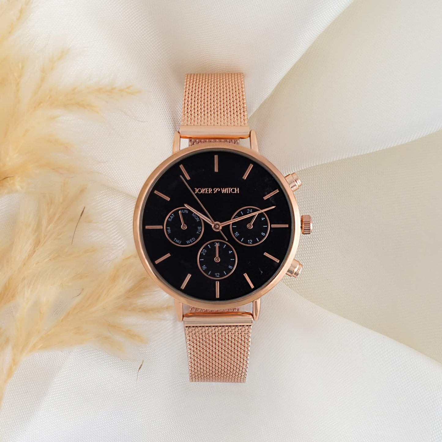 Joker & Witch Women Moscow 38mm Black Dial 16mm Rose Gold Steel Mesh Watch
