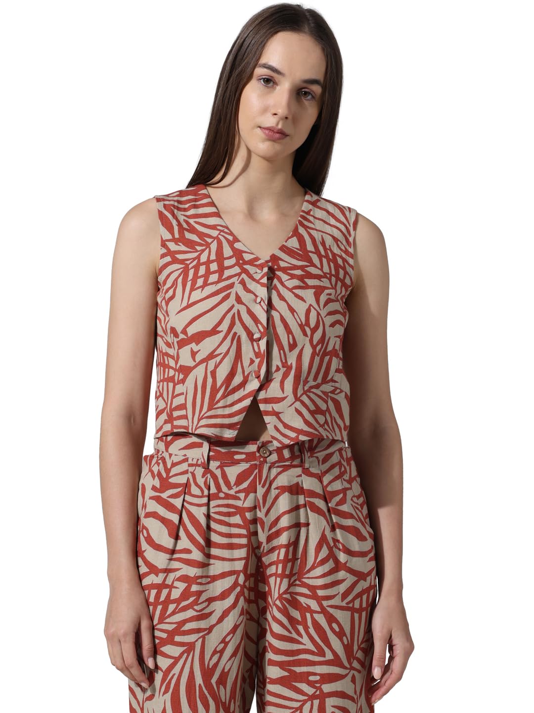 ONLY Women Printed Viscose Crop Length Beige Waistcoat