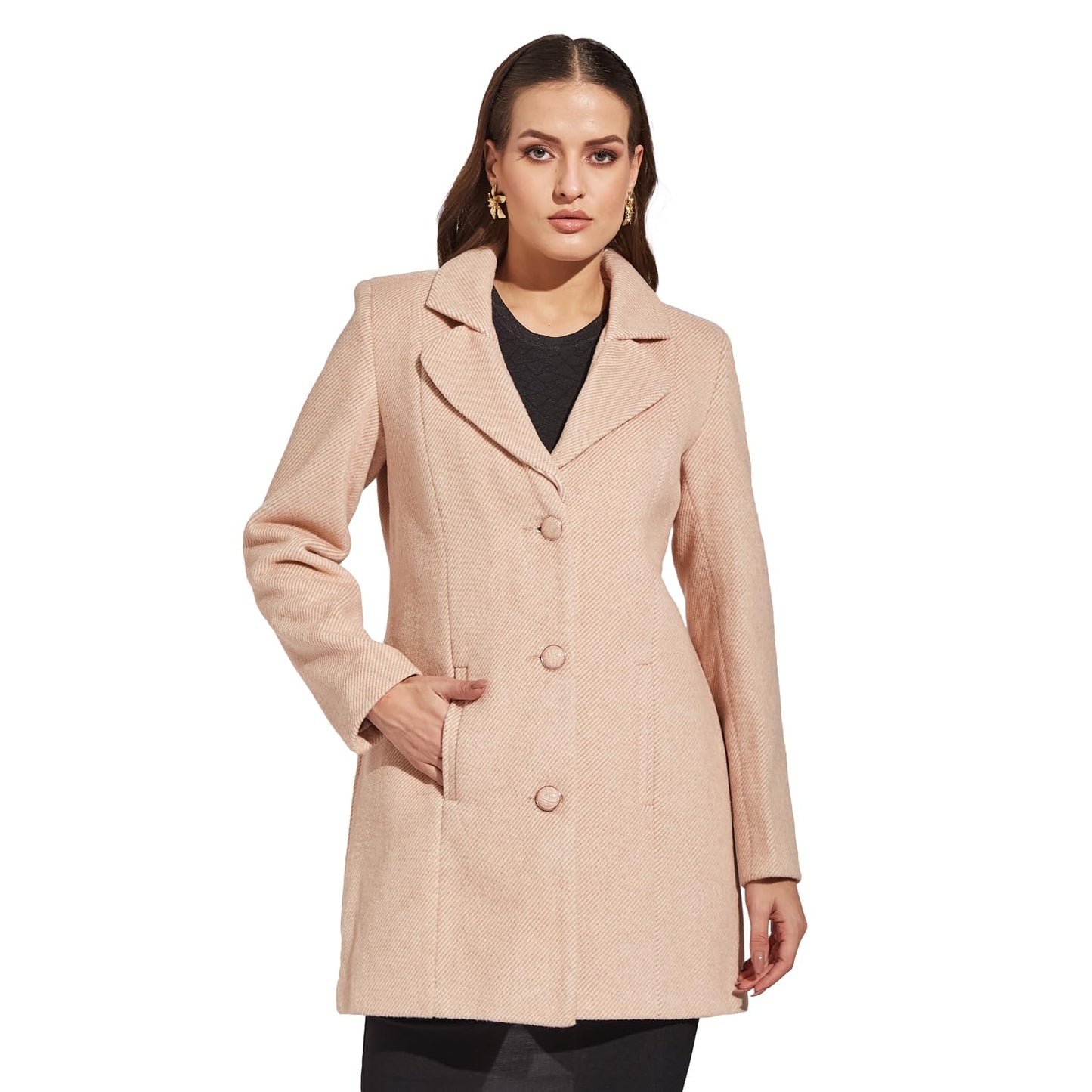 Latin Quarters Women Beige Full Sleeve Casual Solid Coat_XL