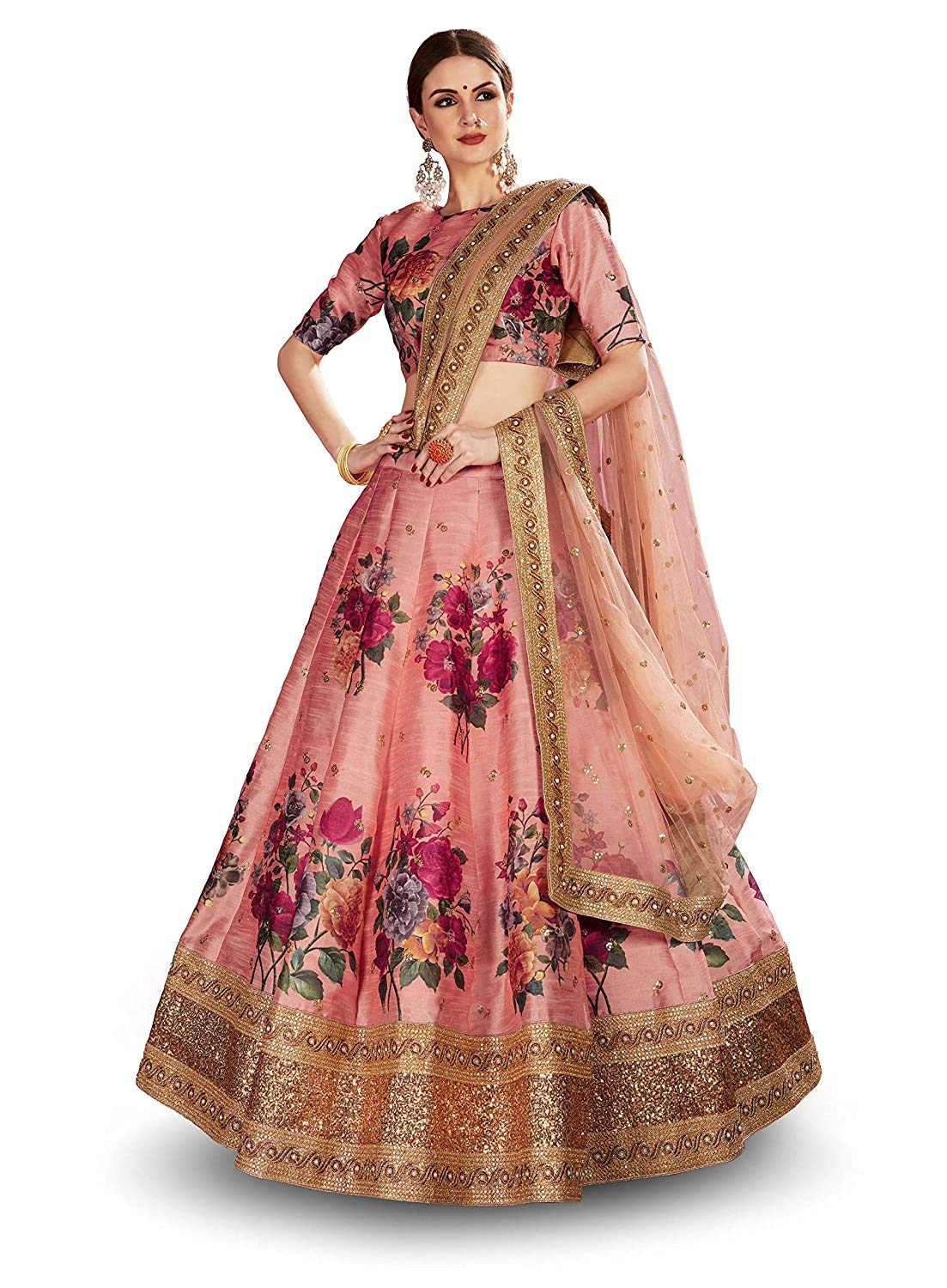 Zeel Clothing Women's Faux Silk Semi stitched Lehenga Choli (7019_Peach_Free Size)