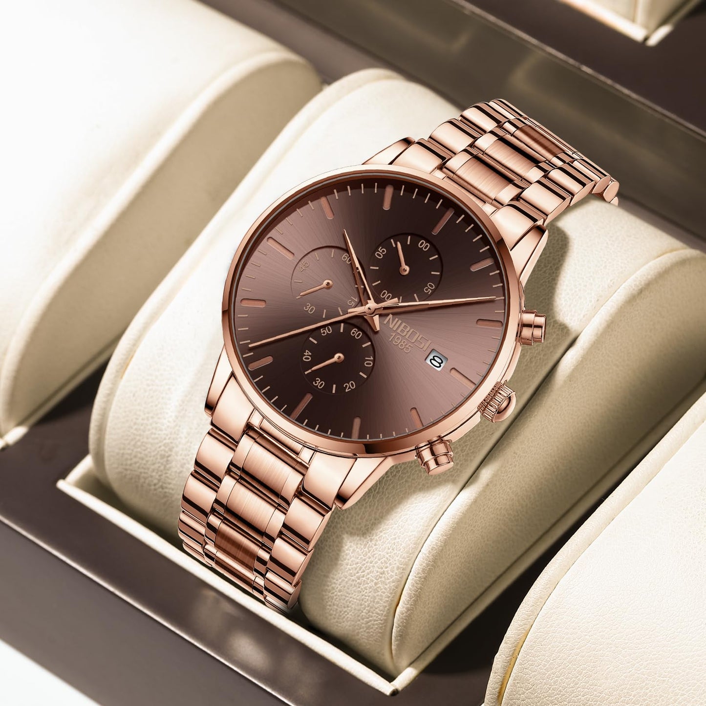 NIBOSI Men's Watches Analog Minimalist Black Dial Watches for Men Business Chronograph Casual Stainless Steel Strap Date (Rose Brown)