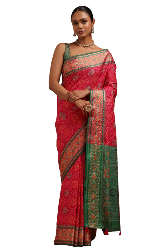 Soch Womens Fuchsia Silk Blend Woven Design Saree With Thread Work