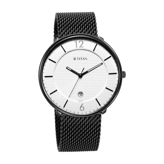 Titan Minimalist Quartz Analog with Date White Dial Black Stainless Steel Strap Watch for Men - NT1849NM01