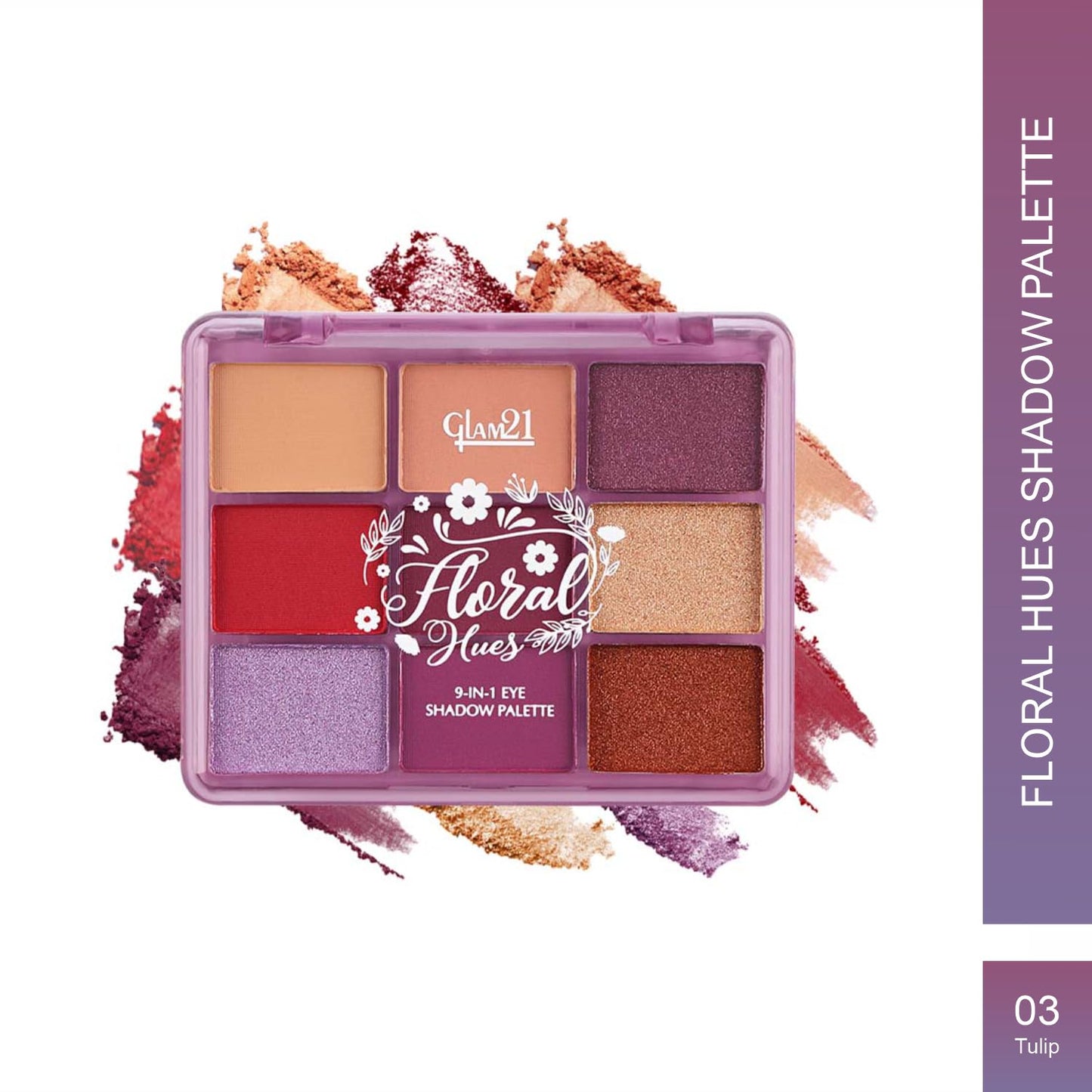 Glam21 Floral Hues 9 In 1 Eyeshadow Palette | Highly Pigmented | Easy To Carry | Super-Blendable | Mix of Matte and Shimmers Smudge-Proof (7.2 gm) | 03- Tulip