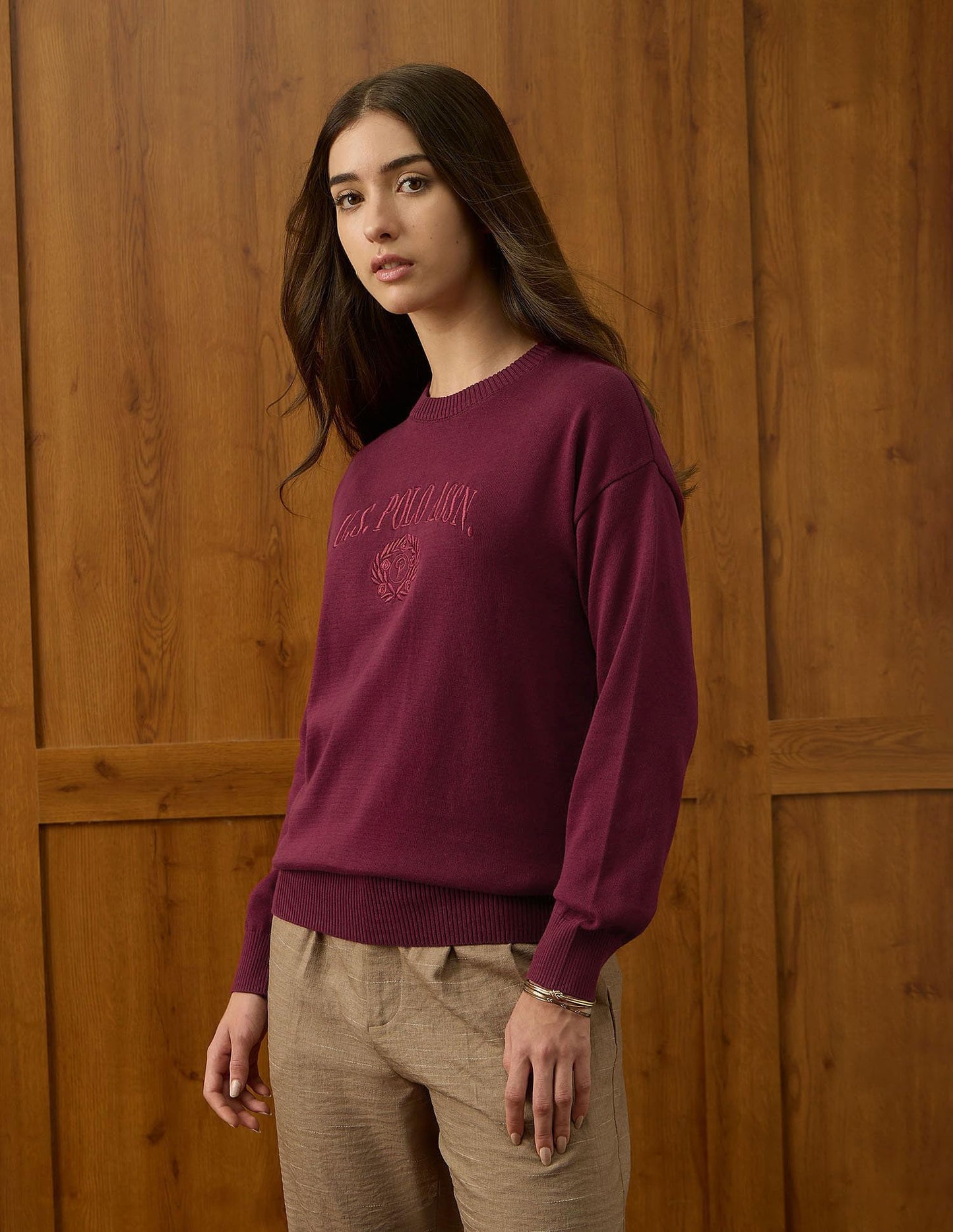 U.S. Polo ASSN. Women Relaxed Fit Drop Shoulder Sweatshirt (UWAW25SWE208_Maroon_L)