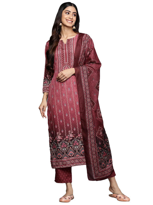 Libas Womens Printed Crepe Straight Kurta With Trousers and Dupatta
