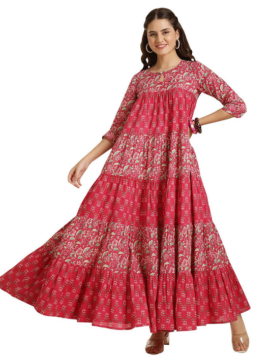 Gulmohar Jaipur Women's Cotton Ankle Length Printed Key Hole Neck Anarkali Gown (GUL485KRTPINK_3XL, 3XL, Pink)