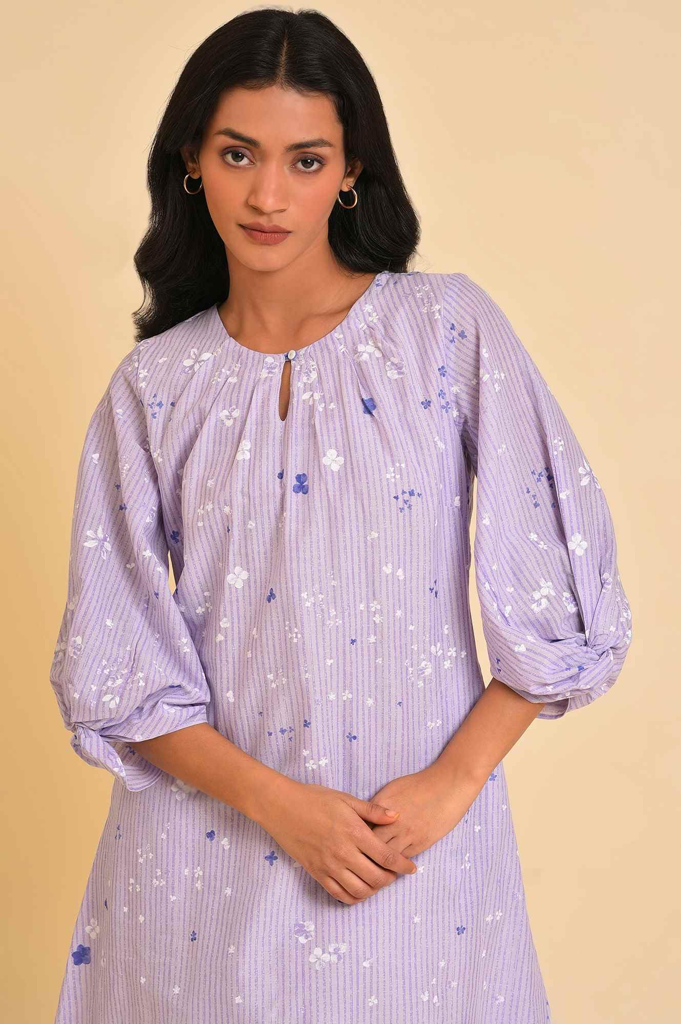 W For Woman Ecru Floral Printed Cotton A-Line Dress with Thread Embroidery