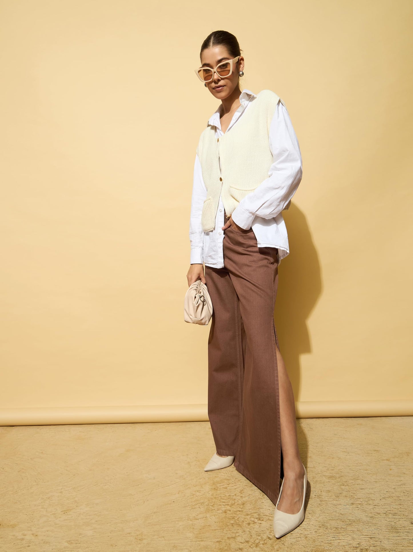 barcino Side Slit Wide Leg Jeans Brown