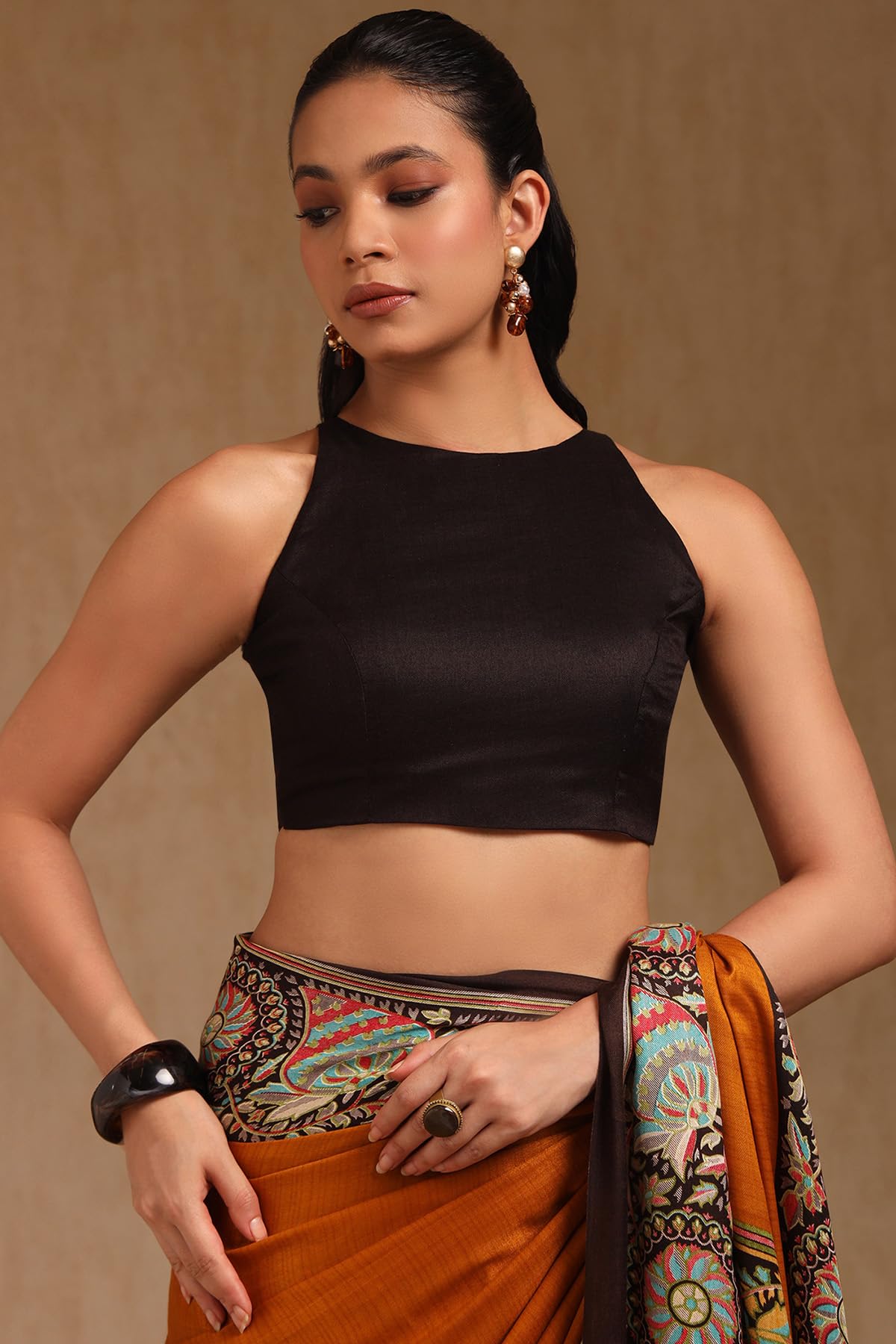 Soch Womens Mustard Pashmina Floral Print Saree