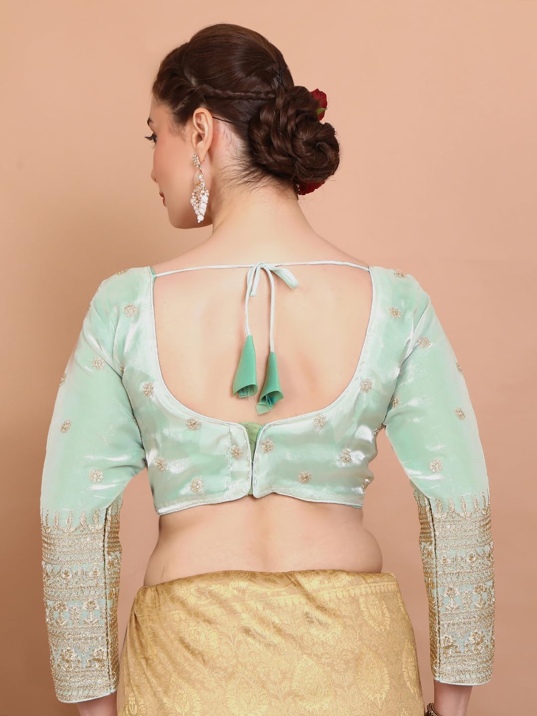 S SALWAR STUDIO Pista Green Organza V Neck Embroidered Readymade Alterable Blouse