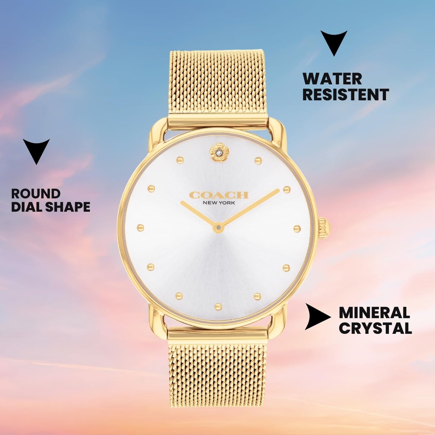 Coach Elliot Qtz Basic Silver White Round Dial Women's Watch|Ionic Plated Thin Gold Steel Material|Gold Color Band - 14504208