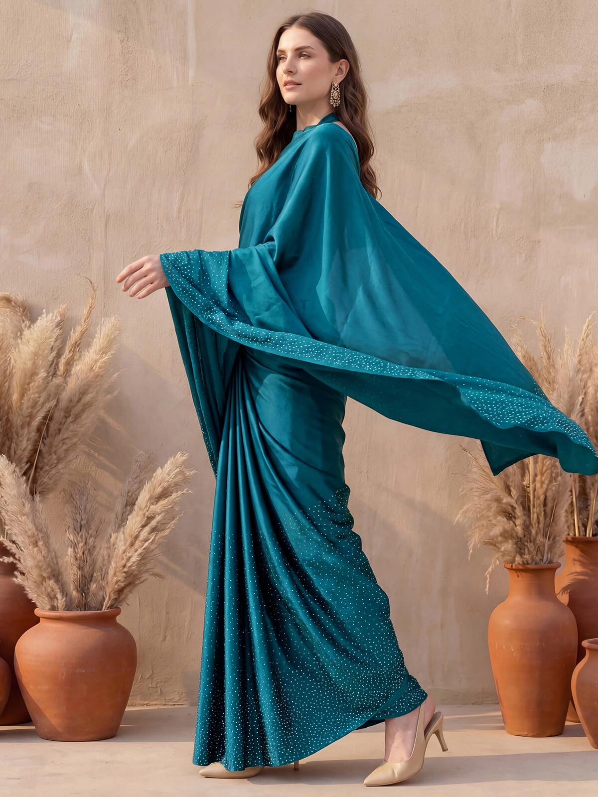 SIRIL Women's Satin Silk Dyed Embellished Saree with Unstitched Blouse Piece (3111S413AAA_Teal Blue)