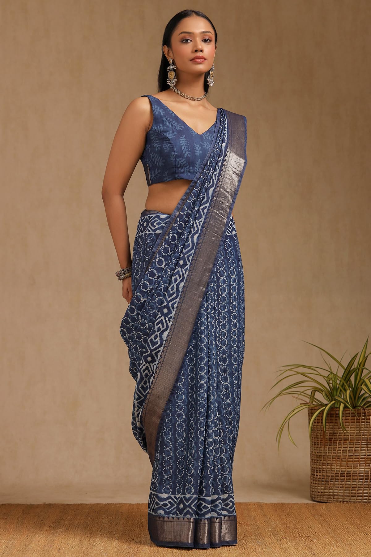 Soch Womens Indigo Viscose Block Print Saree