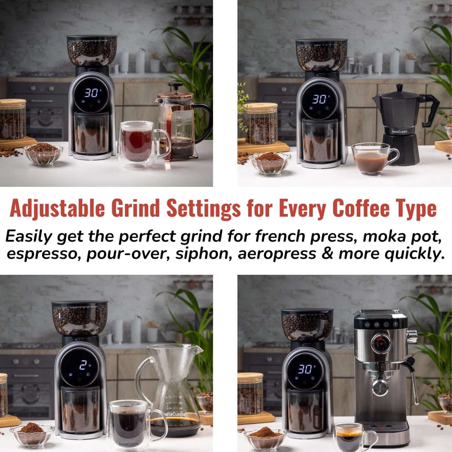 InstaCuppa Electric Coffee Grinder with LED Touch Timer & Cups Selector, Conical Stainless Steel Burr Mill with 25 Adjustable Grind Settings for Home Espresso, Moka Pot, French Press, Pour Over
