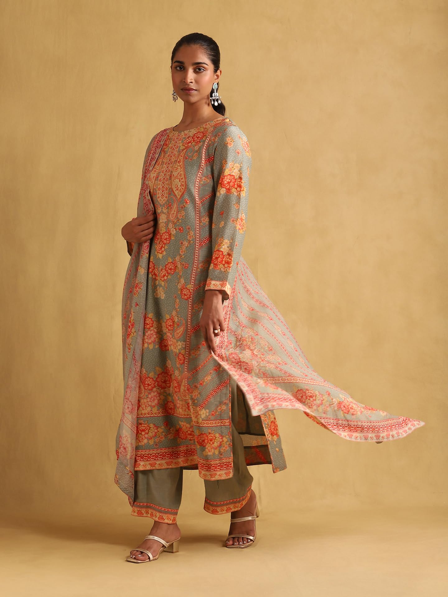 Ritu Kumar Green Floral Print Chanderi Kurta With Palazzo And Dupatta